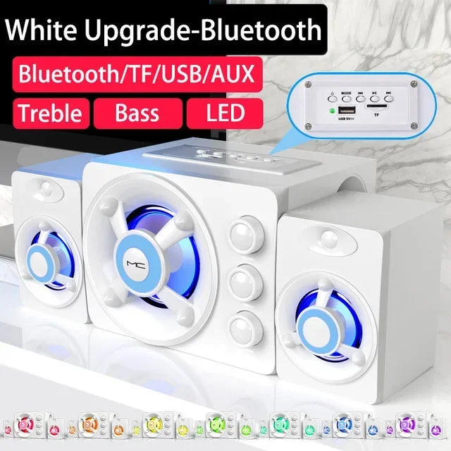 Powerful Bluetooth Speakers Colorful LED Home TV Theater Sound Wireless Subwoofer 3D Stereo Surround Wooden Material USB Wired