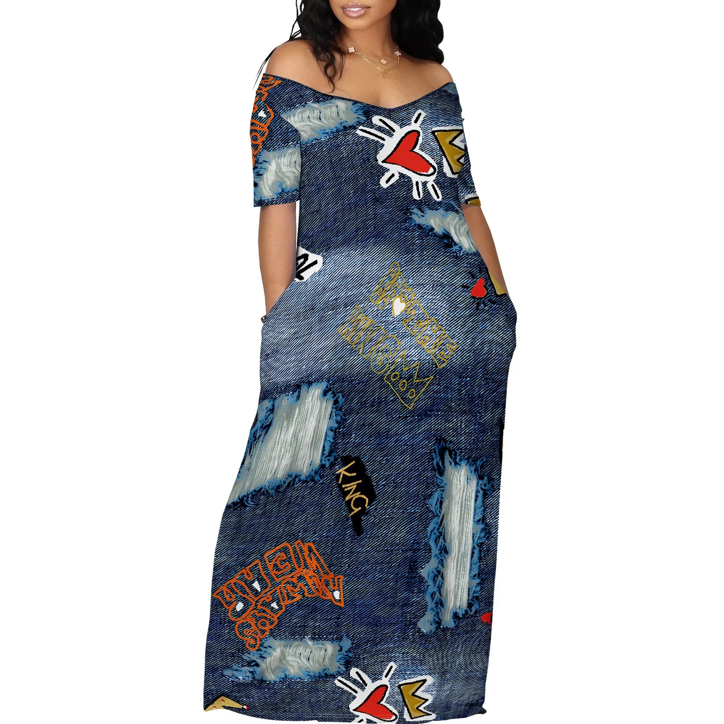 Women's Fashion  Printed Short Sleeve Long Dress Sexy Off Shoulder Backless Bodycon Split Cocktail Party Dress ﻿