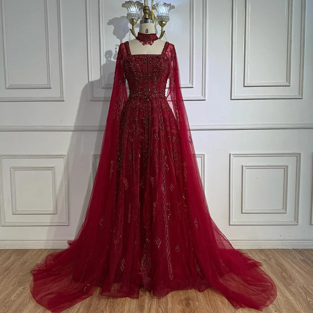 Serene Hill 2025 Arabic Nude A Line Cape Sleeve Crystal Beaded Luxury Evening Dresses Gowns Formal Occasion Customize BLA72764