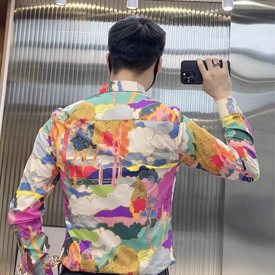 Men's Spring Autumn Fashion Trend Slim Fit Casual Floral Print Long Sleeve