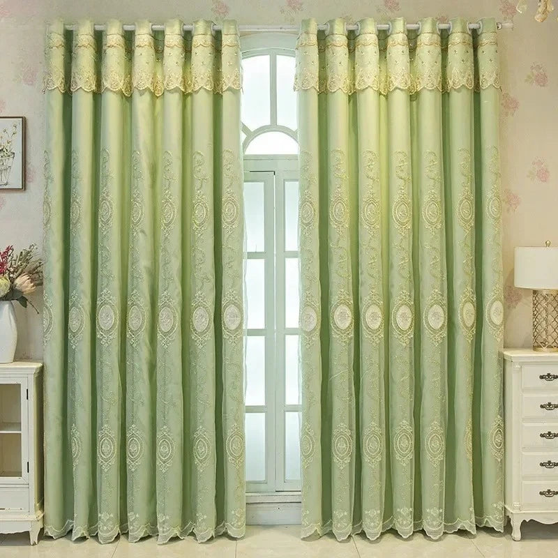 ستائر مخصصة لغرفة المعيشة وغرفة الطعام وغرفة النوم، قماش أوروبي فاخر مزدوج الطبقات مع تطريز متكامل وديكور معتم