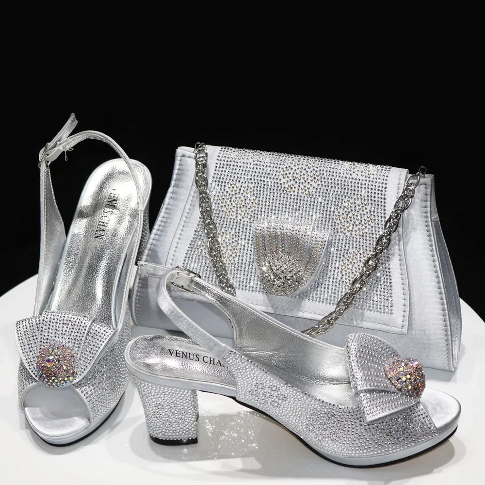 Venus Chan 2024 Italian Design Girly Style Golden Color Wedding Shoes And Bag Full Diamond Decoration Metal Closure Bags