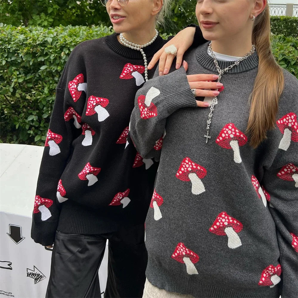 Women's Clothing Trend 2024 New Fashion Mushroom Graphic Print Sweater Long Sleeve Plus Size Tops Loose Casual Street Pullovers