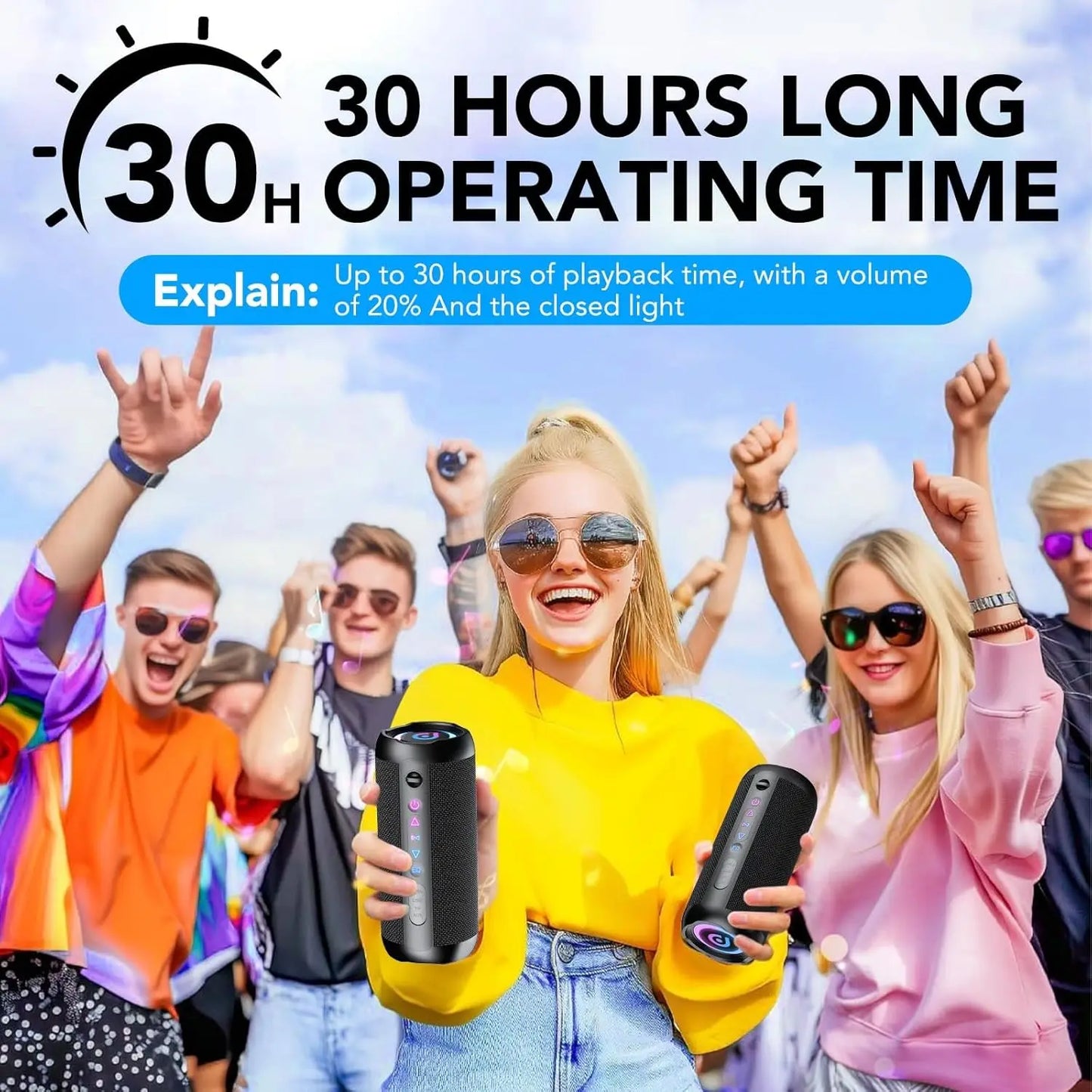 مكبر صوت محمول بتقنية بلوتوث، مكبر صوت بتقنية بلوتوث 5.4، مكبر صوت مزدوج بقوة 30 وات، صوت جهير عميق، مدة تشغيل تصل إلى 30 ساعة، 3 أوضاع معادل صوت، أضواء RGB ملونة