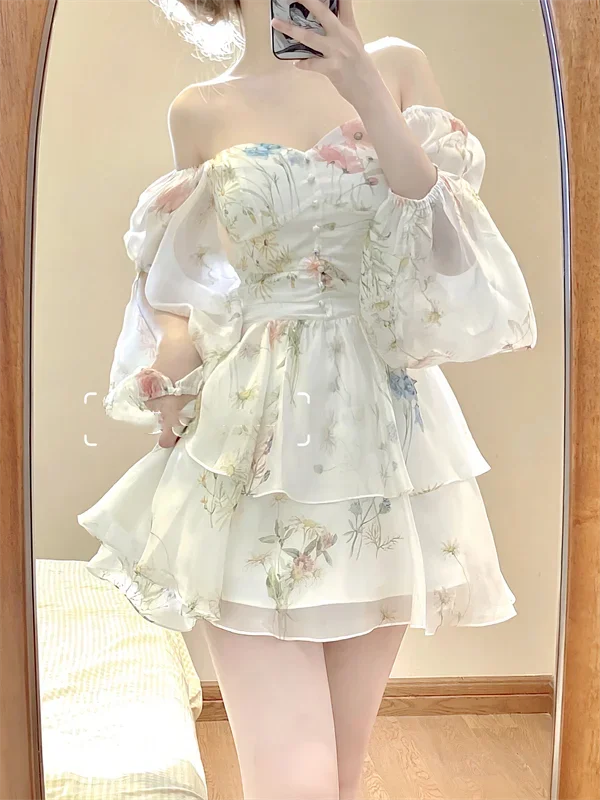 Womens French Dress Party 2024 Autumn Spring New Fashion Women's Floral Aesthetic Beautiful Casual Female Sexy Mini Dresses