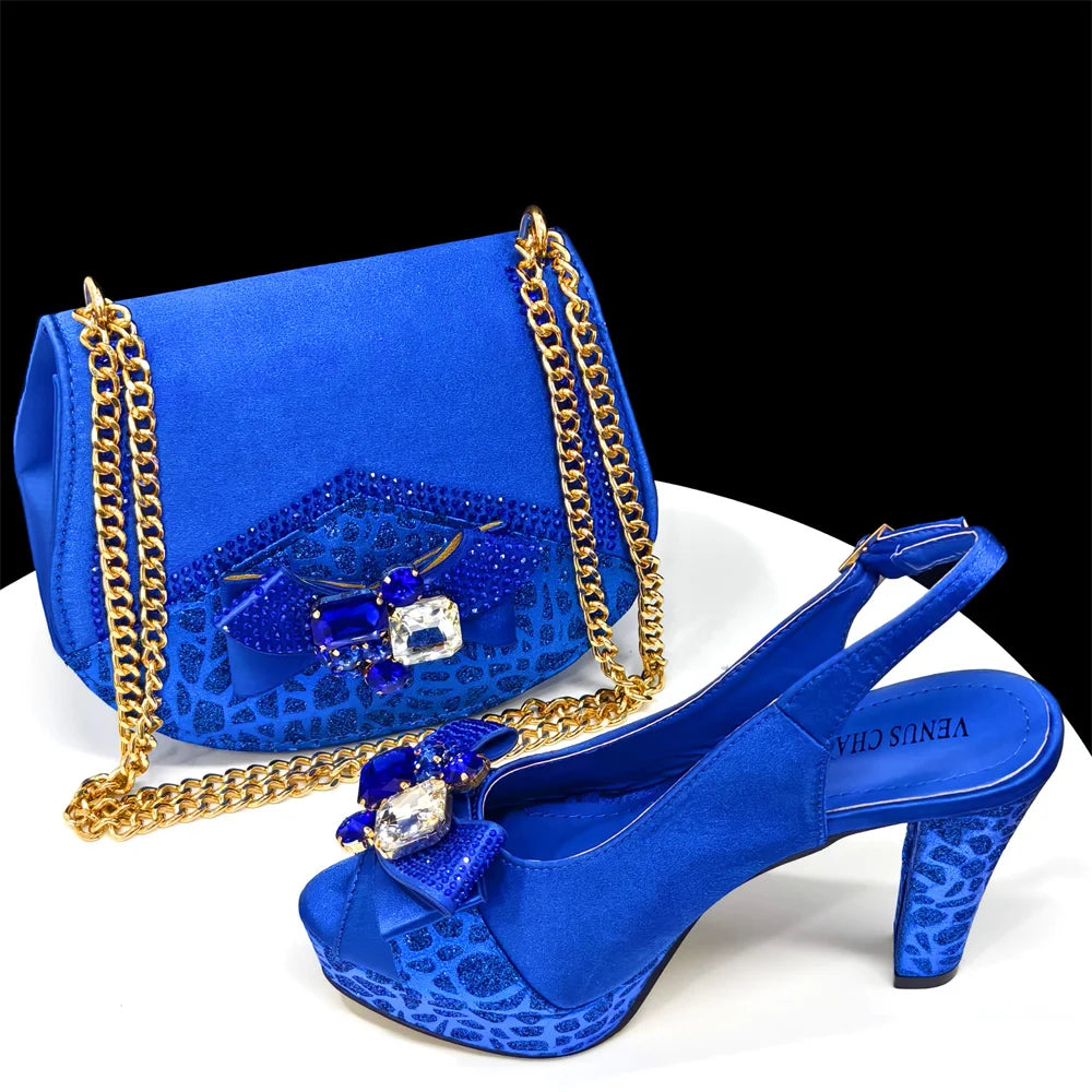 Venus Chan Nigerian Women Heel Party Shoes and Bag Set Royal Blue Colour Rhinestone Handbag Italian Design Wedding INS 2024