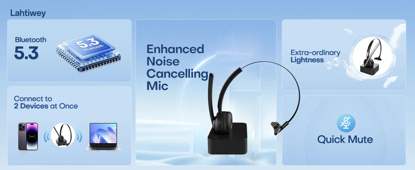 سماعة بلوتوث، سماعة رأس لاسلكية مزودة بميكروفون للعمل، سماعات رأس بلوتوث V5.3 لسائقي الشاحنات، سماعة رأس للكمبيوتر مزودة بميكروفون