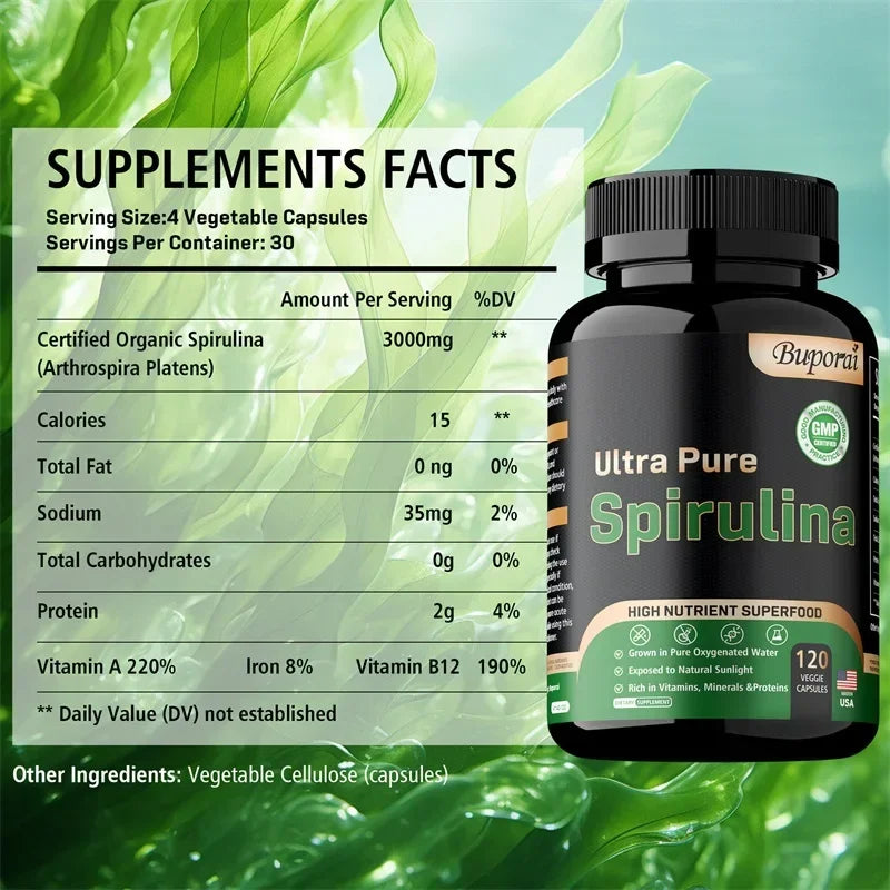 Organic Spirulina Supplement - Detoxification, Nutrition, Immune System Health, Cardiovascular Health, Antioxidant