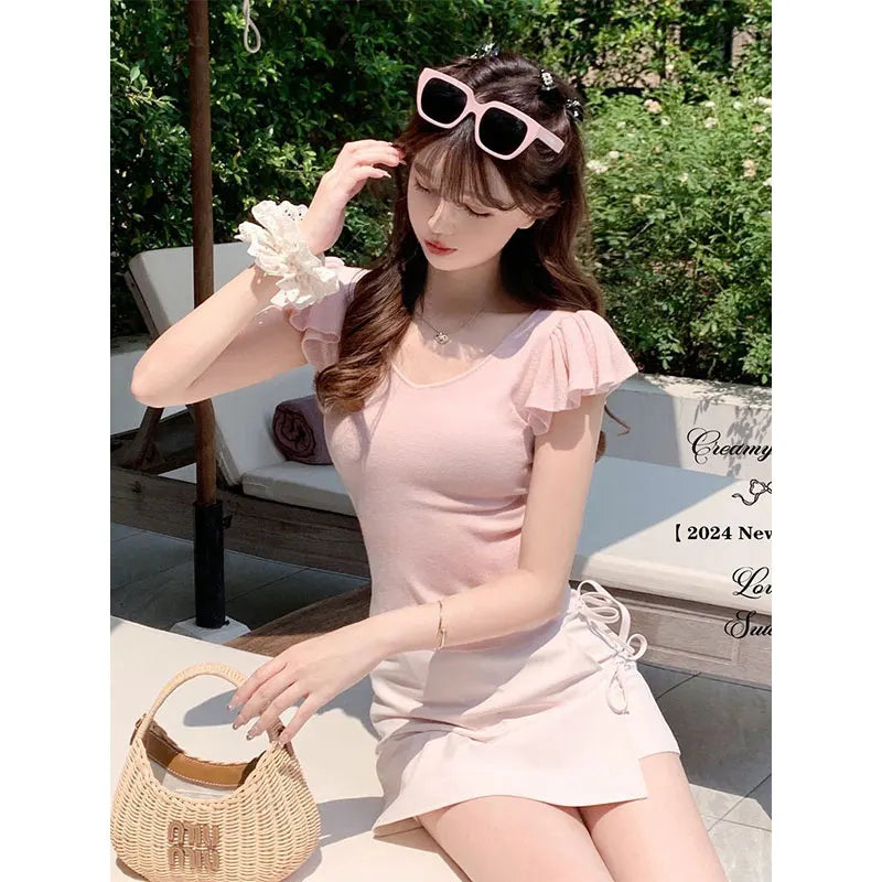Women Clothes Summer Casual Fashion Simplicity Solid Color V-neck Tops Women's Trend All-match Sweet Temperament Slim T-Shirt SwiftNest