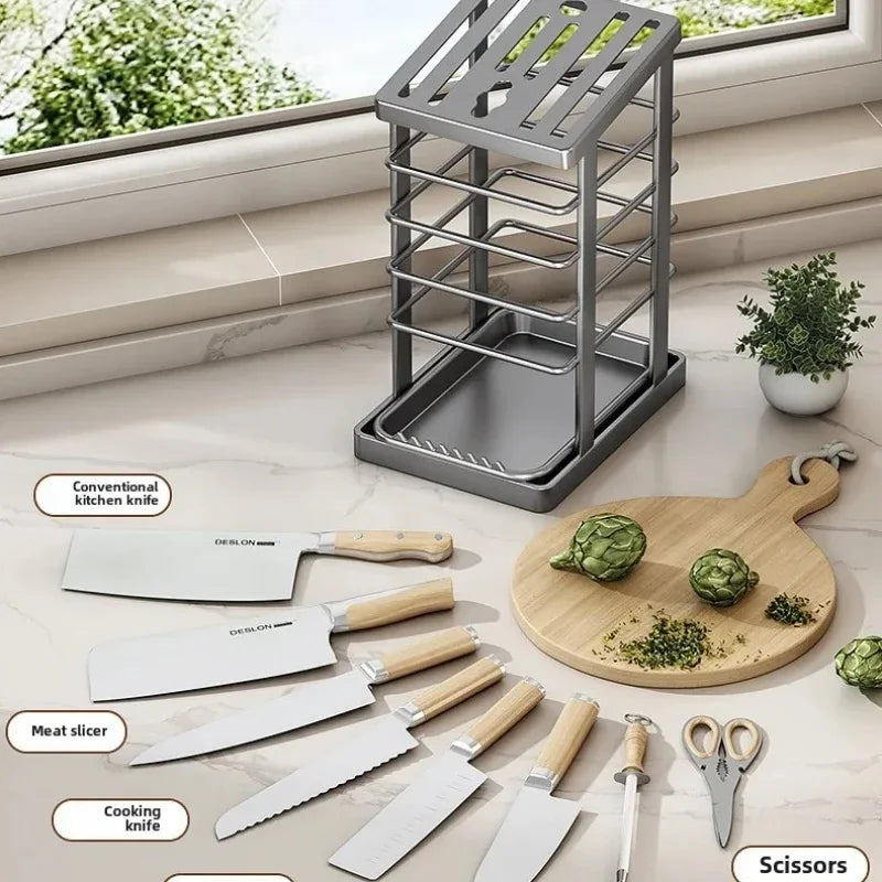 Kitchen Countertop Companion: Multi-function Dish Rack, Knife Holder and Tool Storage with Drain Tray