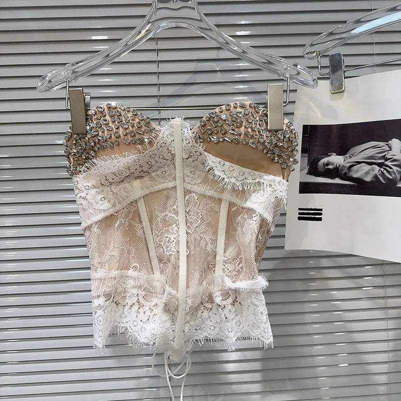 Women Versatile Fashion Outwear Vest 2025 Summer New Heavy Industry Rhinestone Nail Drill Fishbone Strapless Camisole