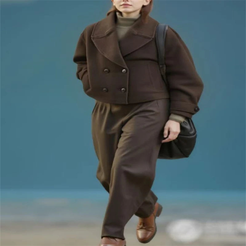 2025 Autumn Women's Urban Fashion Classic Dark Brown Double-Breasted Short Coat