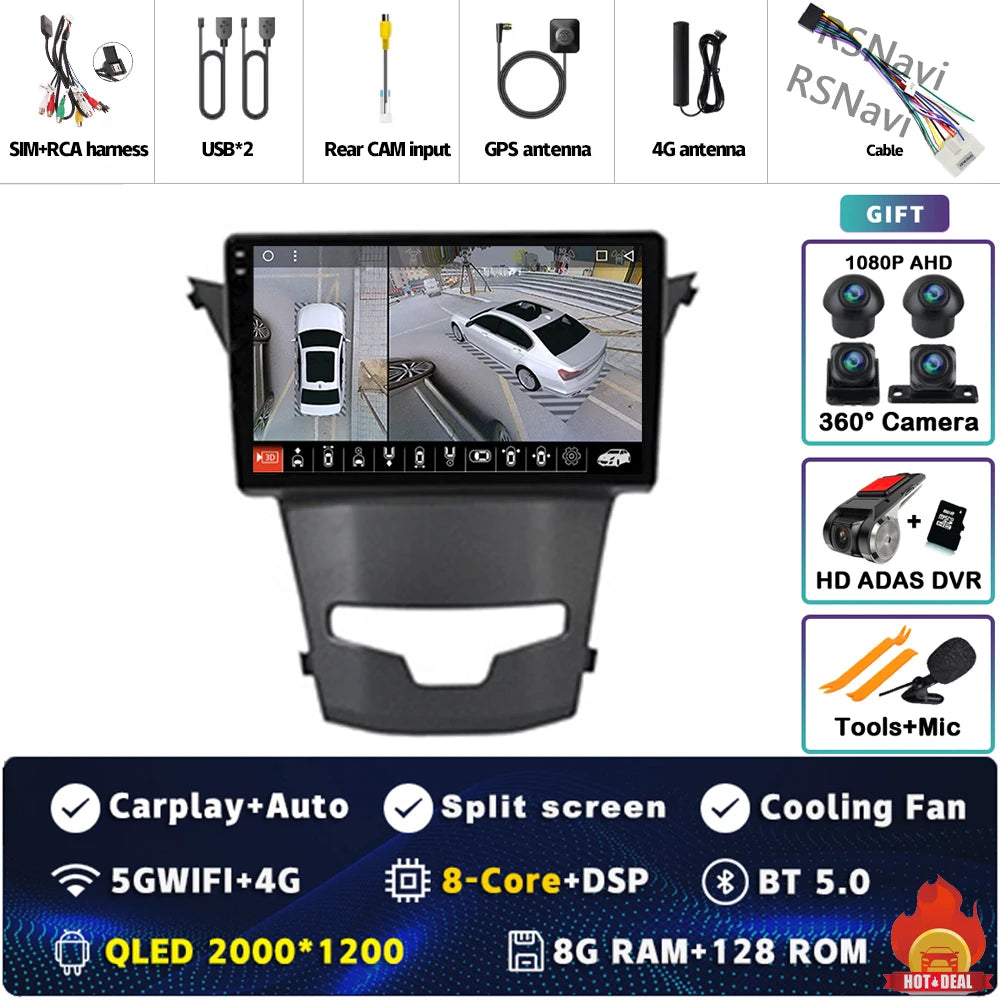 أندرويد 15 لسيارة سانج يونج كوراندو 3 أكتيون 2 2013-2017 2K QLED راديو السيارة بنظام أندرويد مشغل فيديو متعدد الوسائط GPS ستيريو CarPlay 4G BT