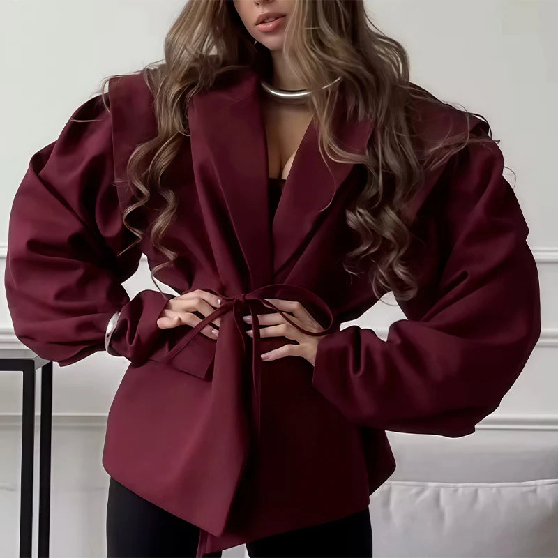 Womens Fashion Blazer Wide Shoulders Waist Tie Long Sleeve Blazer Stylish And Versatile Suitable For Workplace And Casual Wear