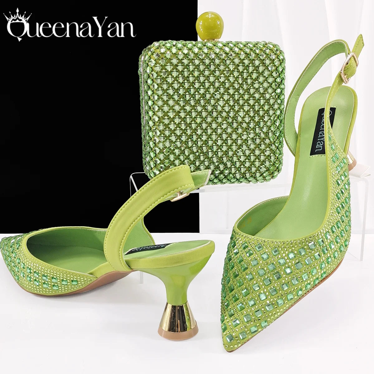 Queena Yan Italian Design Rhinestone Luxury Green Colour Pointed Toe Shoe & Bag Set Women's High Heels for Parties High Quality