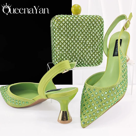 Queena Yan Italian Design Rhinestone Luxury Green Colour Pointed Toe Shoe & Bag Set Women's High Heels for Parties High Quality