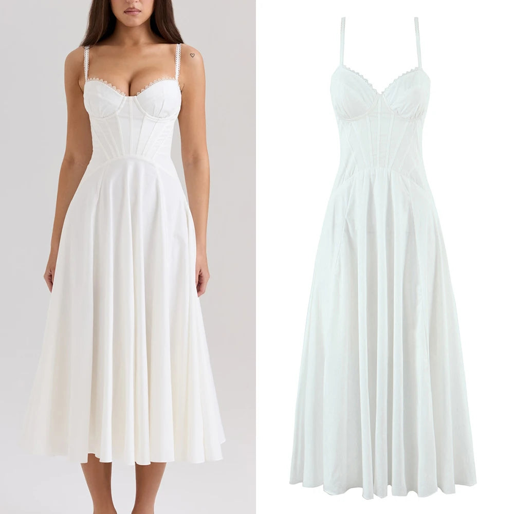 Women Dress 2025 New Fashion Summer Vintage White Lace-Panelled Cotton Dresses for Women Elegance Chic Ladies Midi Dress