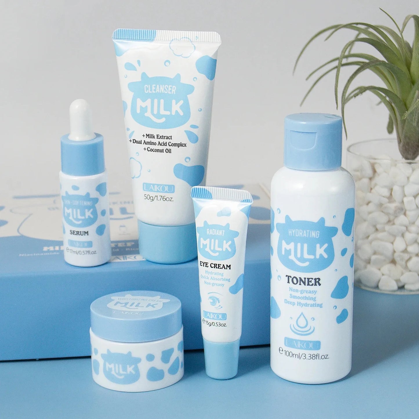 Milk Brightening 5-Piece Skincare Set - Hydrating & Brightening Includes Cleanser Toner Serum Eye Cream Moisturizer