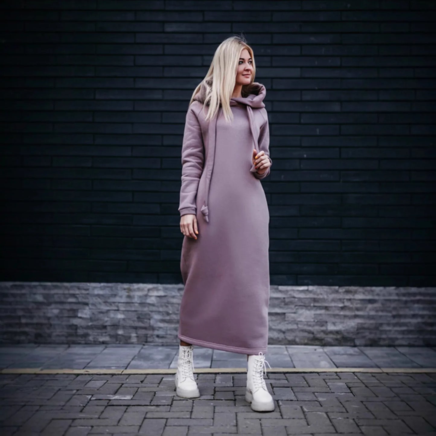 Women Fashion  New Loose Large Knitted Hooded Autumn Winter Long Dress Velvet Hoodie Dress Casual Dress Splicing Warm Dress