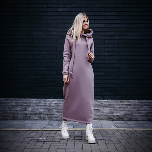 Women Fashion  New Loose Large Knitted Hooded Autumn Winter Long Dress Velvet Hoodie Dress Casual Dress Splicing Warm Dress