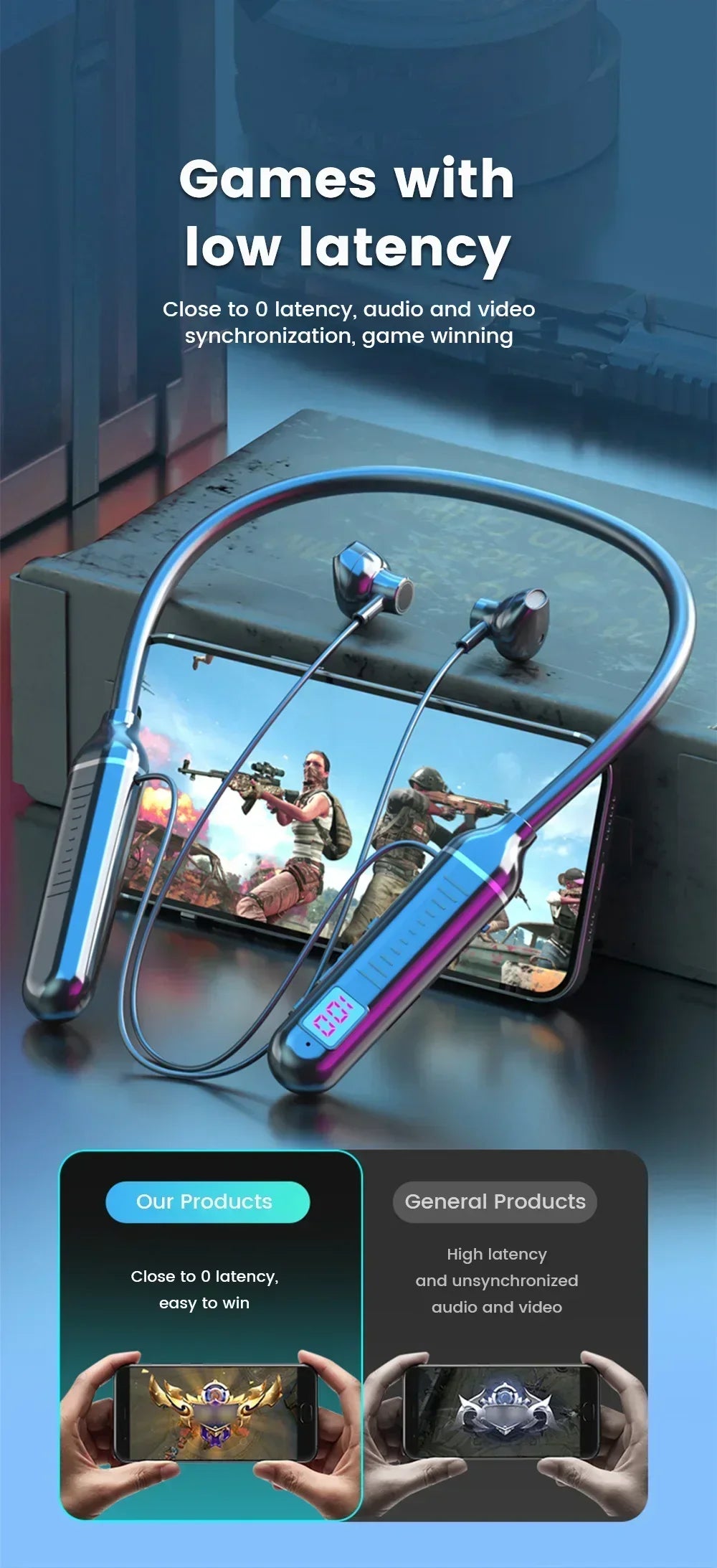 Bluetooth 5.2 Earphones Neckband Headphones TWS Wireless Headsets HiFi Stereo LED Digital Display Dual Mode Waterproof Earbuds