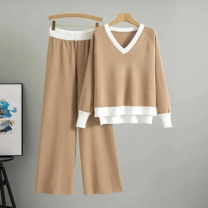 Fashionable Casual Suit for Women 2025 Spring and Autumn V-neck Contrasting Sweater Loose Wide-leg Pants Two-piece Set