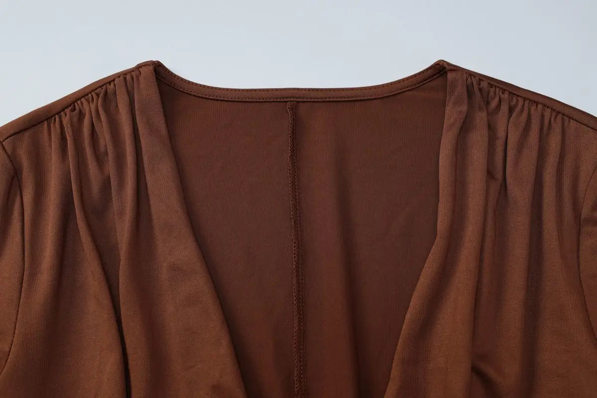 Women's Clothing 2025 Autumn Solid Color Long-sleeved Deep V-neck Fashion Pleated Slim-fit Jumpsuit