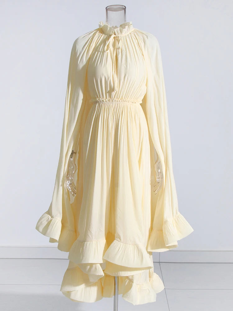 TWOTWINSTYLE Minimalist Dresses For Women V Neck Cloak Sleeve High Waist Ruffles Irregular Summer Dress Female Fashion Clothing