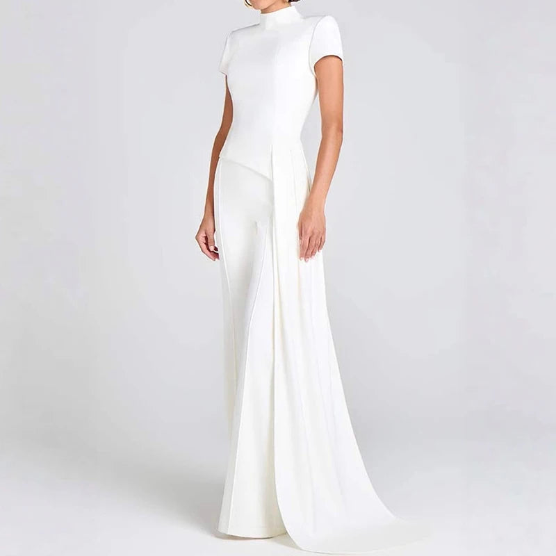 Women Elegant Commuting 2Pc Suit Fashion Stand Collar Solid Color Irregular Set Casual Short Sleeve Pullover & Long Pant Outfits