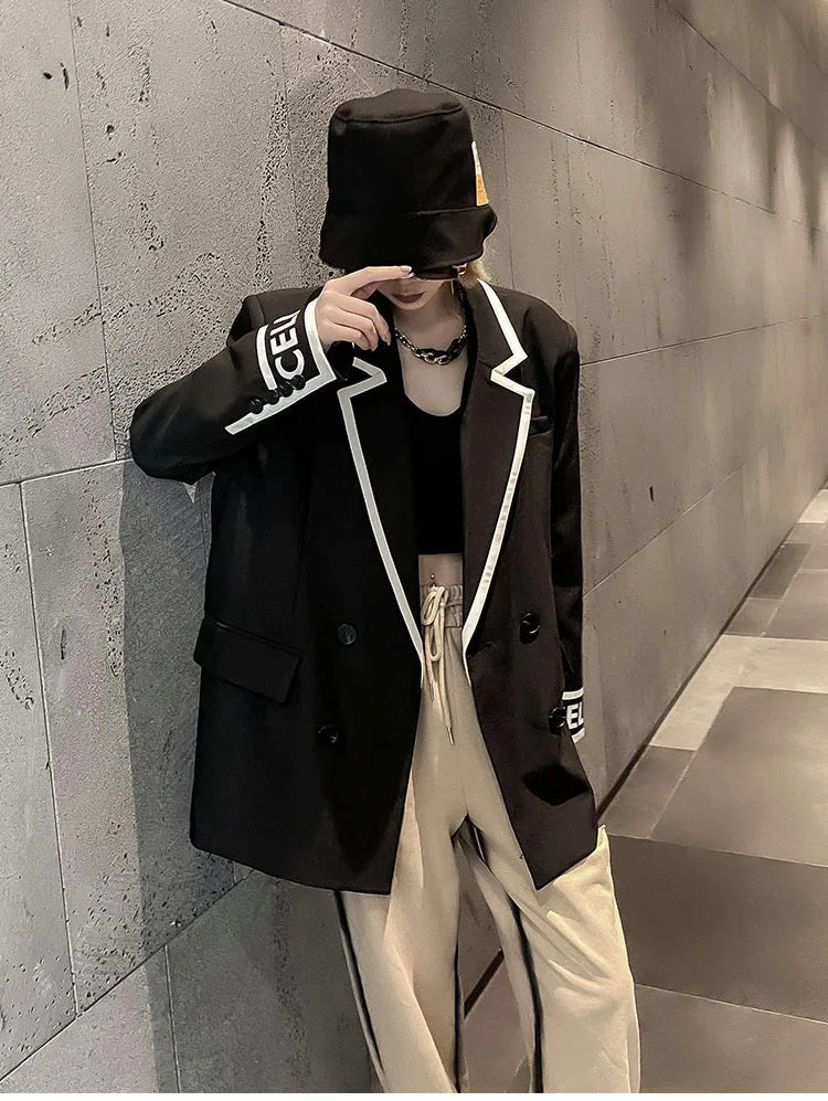 Women Fashion Jacket Wedding Casual Business High Quality Black Blazer Suit Coat Ladies Double Breasted Letter Long Sleeve Tops