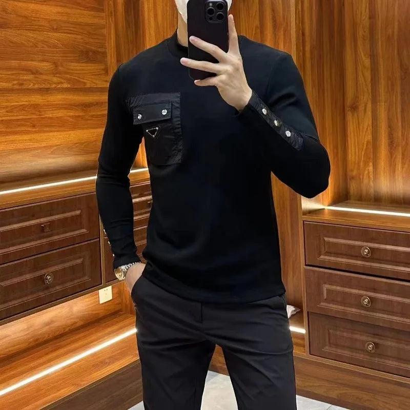 Fashion 2025 Men's Autumn Round Neck Long-sleeved T-shirt Versatile Fashion Black Personalized Base Shirt