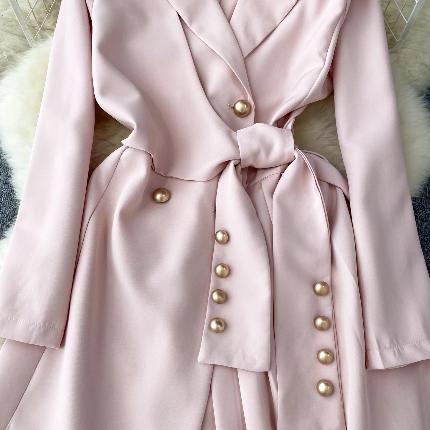 Women's Fashion Trendy Office Coat Dress Ladies Age Reduce Suit Collar Strap Tight Fit Short Pleated Long Sleeve Dress Coat
