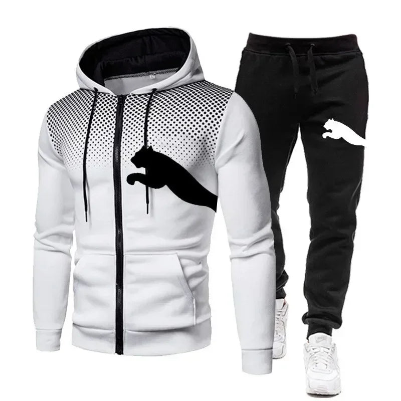 The features of men's outdoor casual sportswear are fashionable, with hooded zippered jackets, sweatshirts and sportswear pants