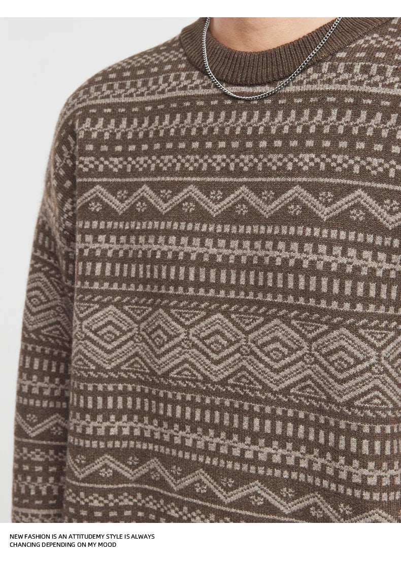 Fashion Men's Knitwear 2025 Autumn Winter New Season Lazy Fair Isle Contrast Retro Loose Crewneck Sweater Pullover