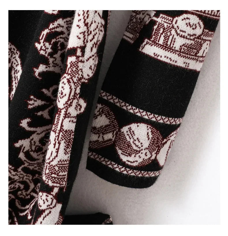 Women's Clothing Fashion Vintage Jacquard Knitted Dresses Autumn Winter Loose O-neck Thick Warm Elegant Dresses