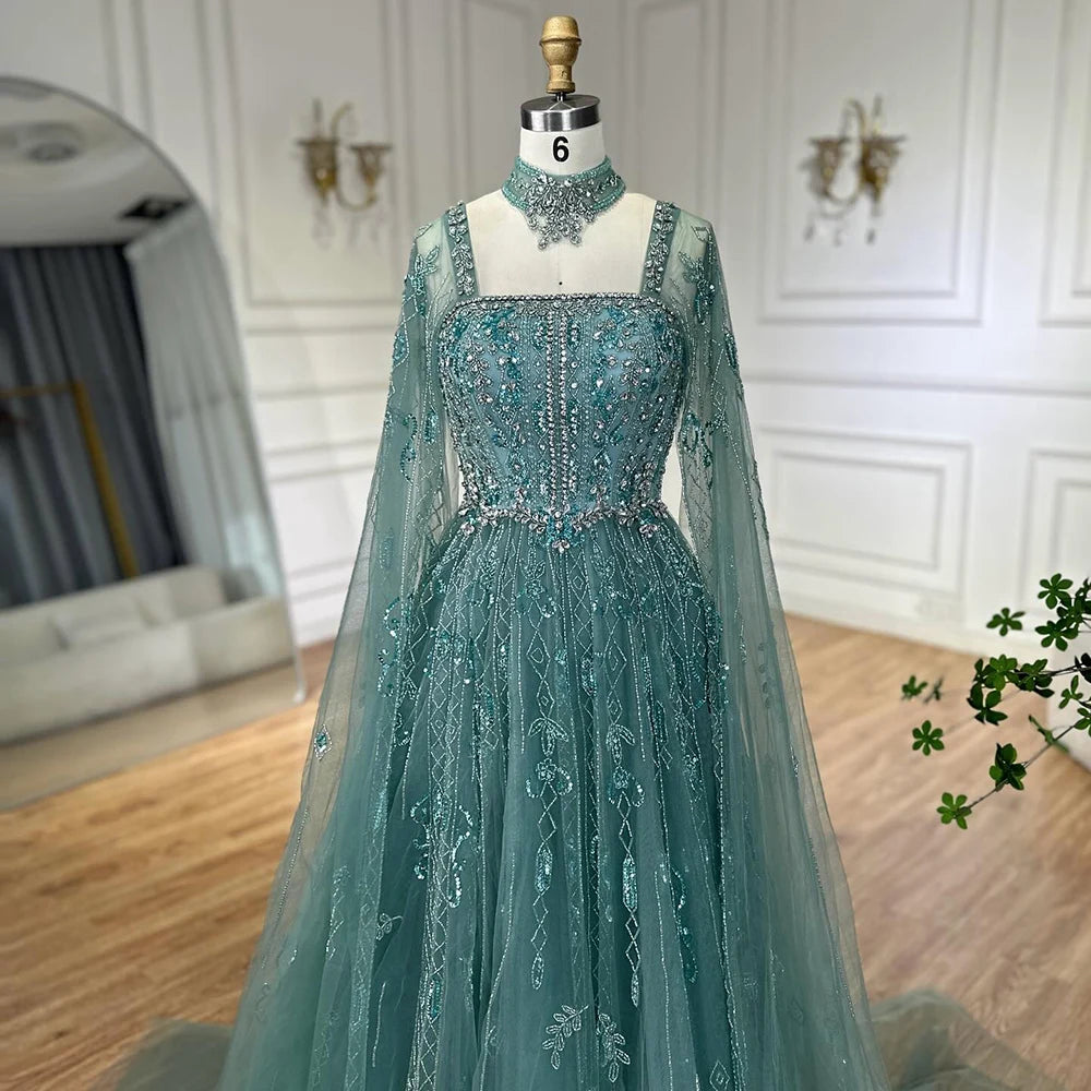 Serene Hill 2025 Arabic Nude A Line Cape Sleeve Crystal Beaded Luxury Evening Dresses Gowns Formal Occasion Customize BLA72764