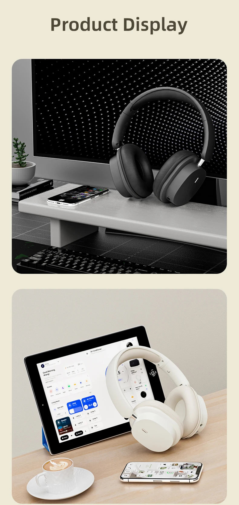 سماعات رأس لاسلكية أنيقة بتقنية البلوتوث 5.3، ستيريو هاي فاي، محمولة فوق الأذن، سماعة رأس للأعمال، سماعات أذن للألعاب منخفضة الكمون مع ميكروفون