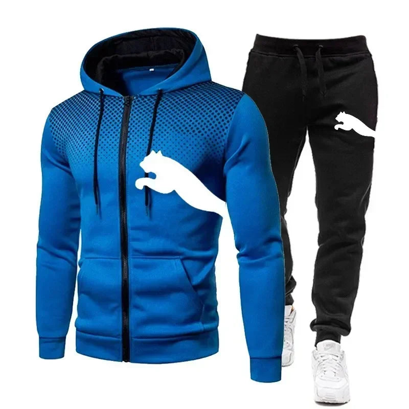 The features of men's outdoor casual sportswear are fashionable, with hooded zippered jackets, sweatshirts and sportswear pants