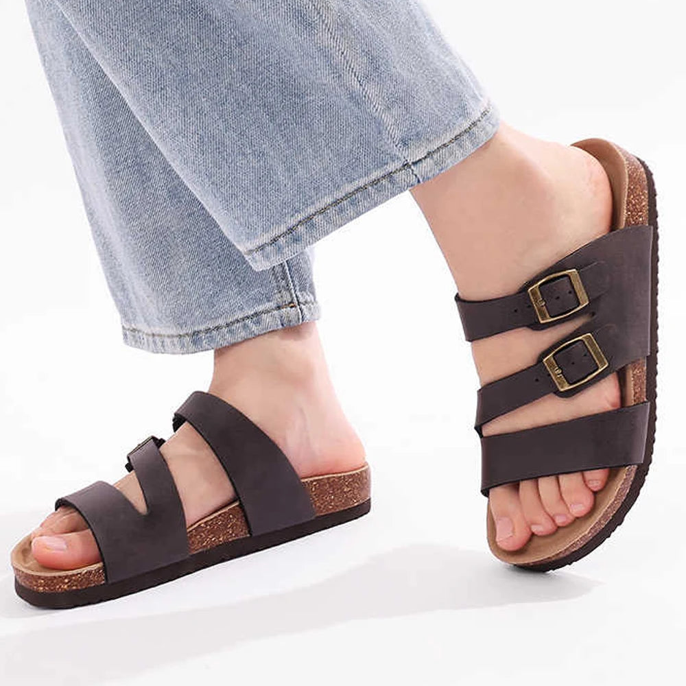 Comwarm Women New Clogs Slippers Summer Fashion Open Toe Beach Shoes With Double Buckle New Cork Footbed Mule Sandals Home Slide