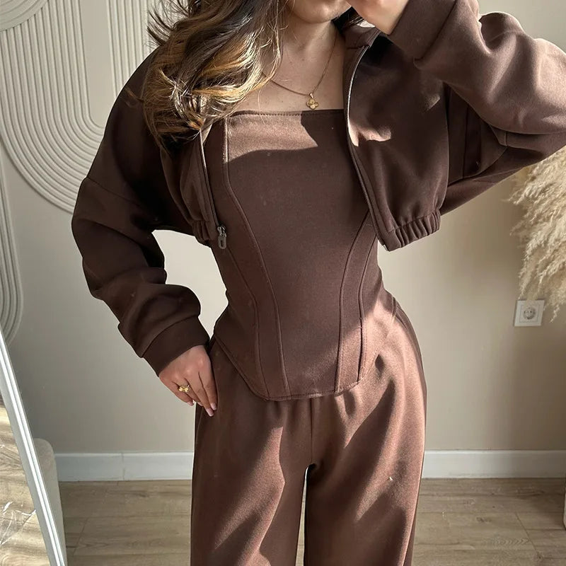 Women's clothing 2025 autumn new fashion hooded sweatshirt jacket vest wide leg pants three piece set