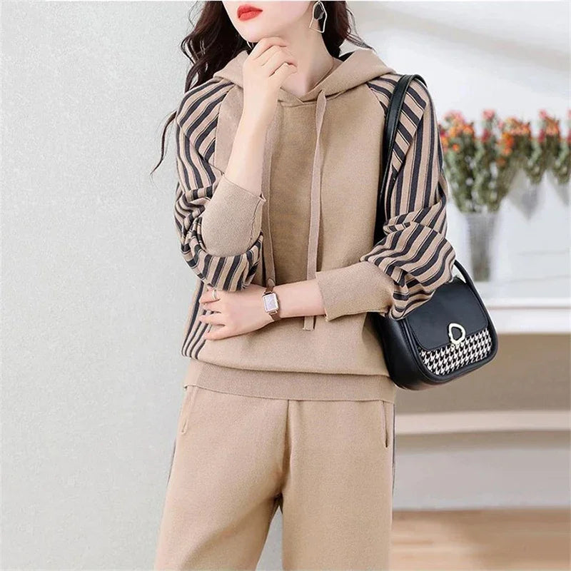 Fashion Autumn Women 2 Pieces Sets Casual Hooded Patchwork Loose Knitted Sweater Sports Harlan Pants Suits Winter Sportswear SwiftNest