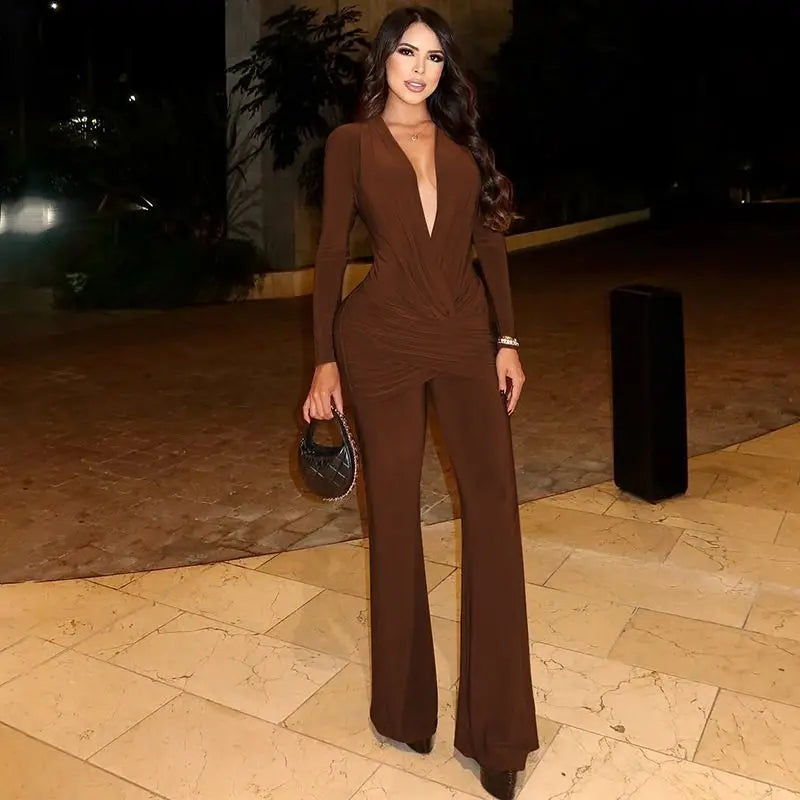 Women's Clothing 2025 Autumn Solid Color Long-sleeved Deep V-neck Fashion Pleated Slim-fit Jumpsuit
