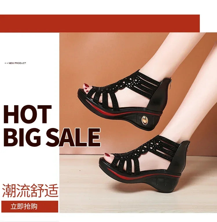 2024 New Fashion Wedge Sandals Women Summer Shoes Elegant Ladies Rome Hollow Out Sandals Female Sandalias Black Wedge Heels