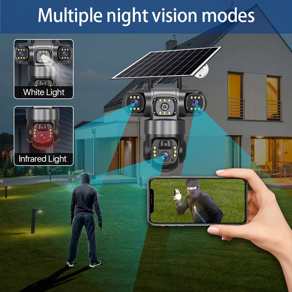 V380 Pro Solar Camera 4G SIM Outdoor 3 Lens Three Screens Webcam PIR Human Detect CCTV Security Video Battery PTZ IP Camara