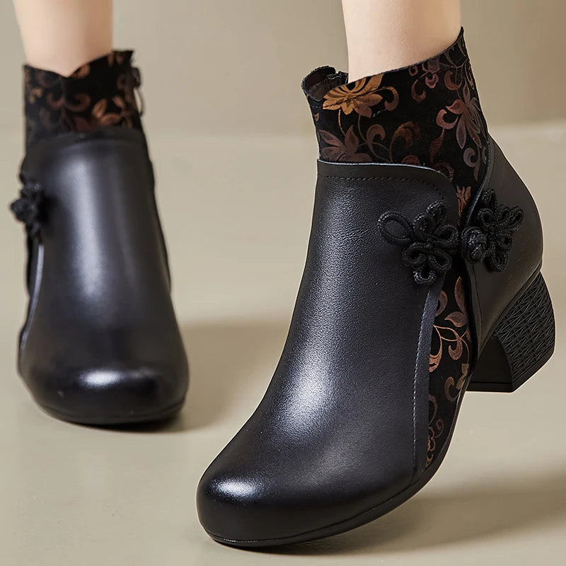 GKTINOO Genuine Leather Ankle Boots 2025 Winter New Ethnic Printed Women's Boots Soft Soles Thick Heels Mother's Leather Boots