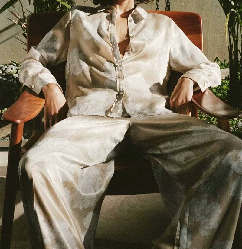 Women's Suit Spring-Summer 2024 New Fashionable Floral-Print Satin Shirt Printed Pants Elegant chic women's suit SwiftNest