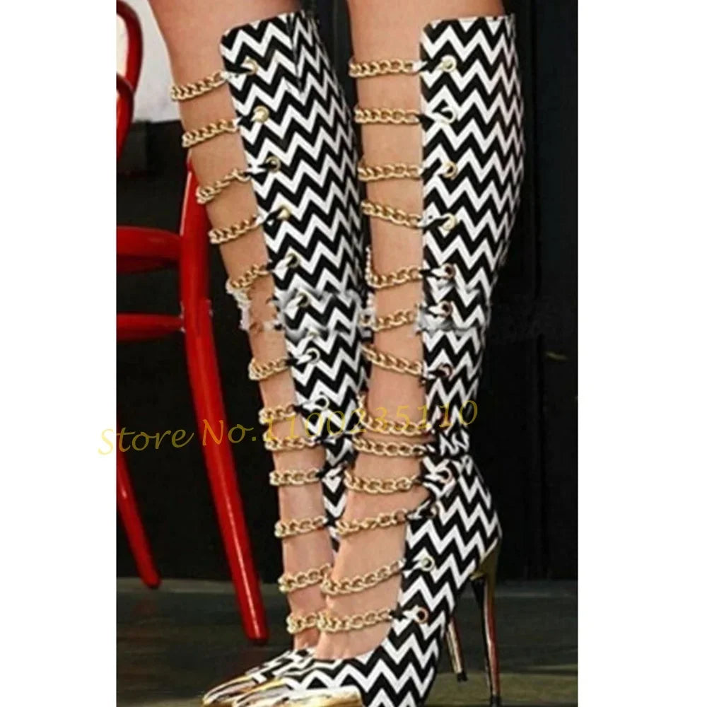 Zebra Stripes Chain Gladiator Boots Metal Toe Iron Chain Splicing Sandals Boots White Black Sexy Autumn Fashion Women High Boots