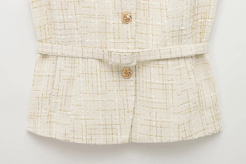 Women's Tweed Waistcoat Fashion with Belt O NeckSleeveless Vests Female Outerwear Chic Tops SwiftNest