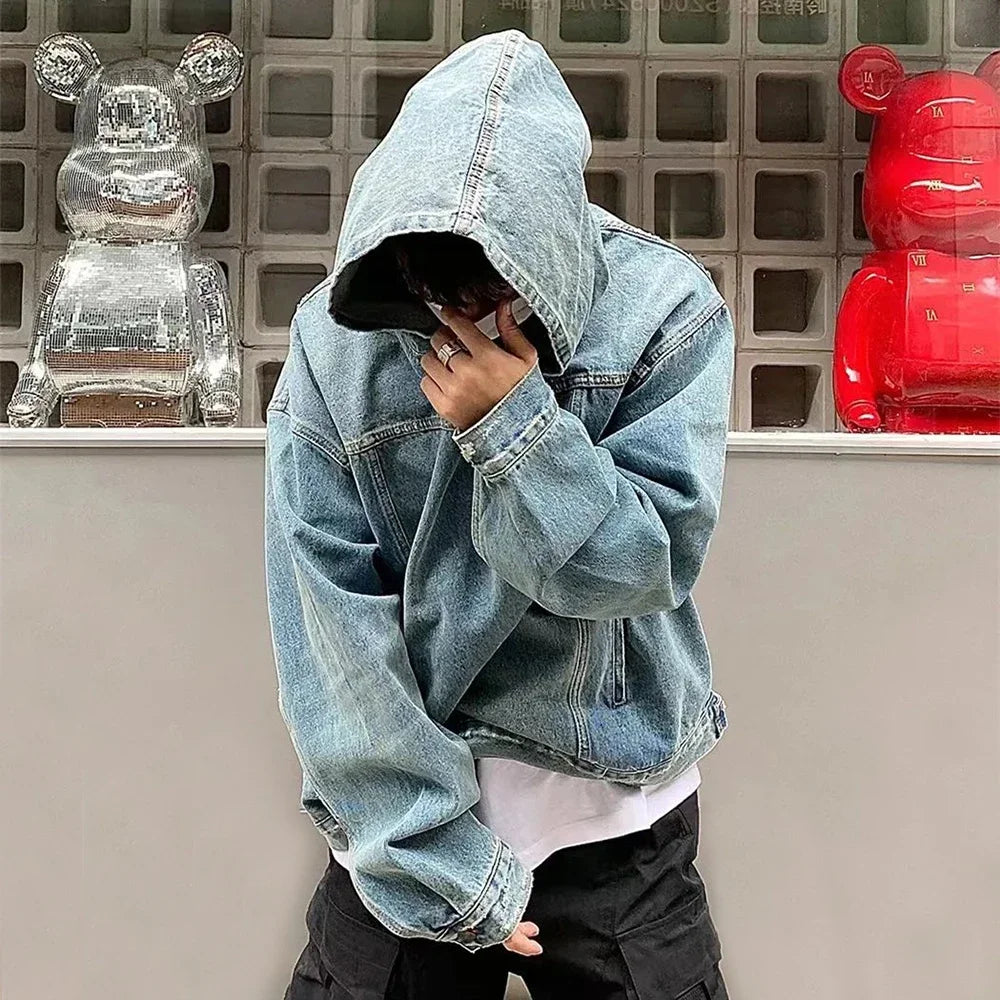 Mens Autumn Winter Fashion Denim Washed Distressed Retro Hoodie Genderless Street Fashion Casual Loose Denim Sweatshirt Unisex