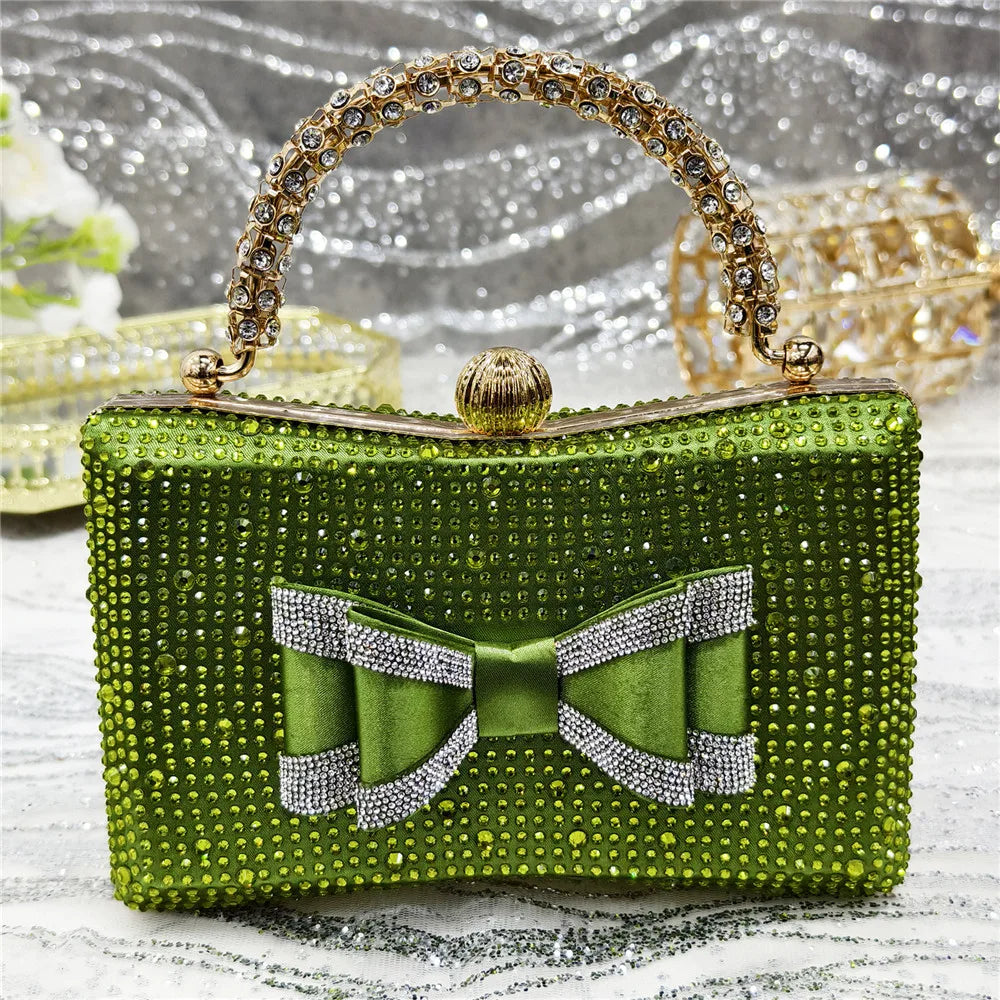 مجموعة أحذية وحقائب يد مدببة بمقدمة مدببة باللون الأخضر الزيتوني، أحذية بكعب متوسط ​​للنساء، مطرزة بأحجار الراين بتصميم إيطالي